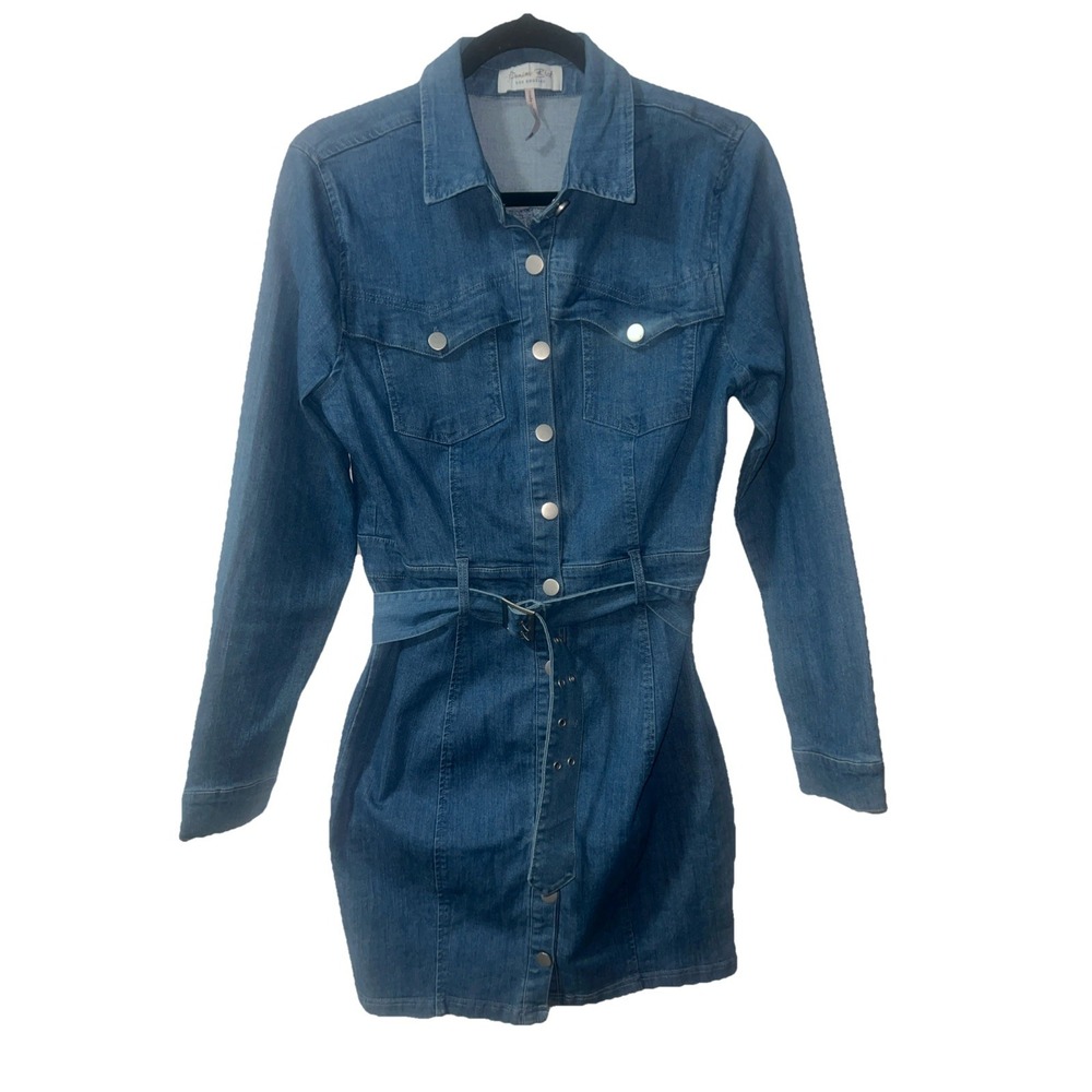 Denim BLVD Y2K 90s Denim Dress‎ Button Down Stretch Long Sleeve Size Large BOHO